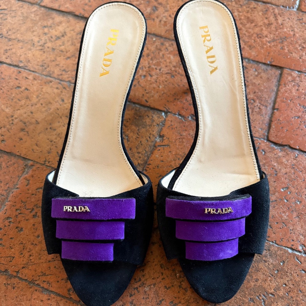 Prada heels, size 8 (38) Made in Italy Black and purple velvet feel